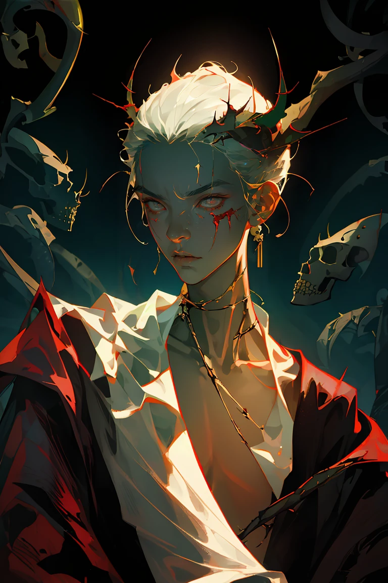 (best quality, masterpiece), horror art, 1 Asian young man, skull, thorns, very skinny, very slender, collarbone, blood, darkness