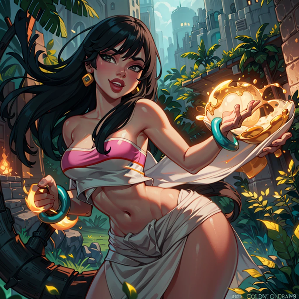 (ChelWaifu:1), curvy, makeup, cute pose, cute, looking at viewer, smile, :D, (strapless, tube top, navel, loincloth), cute pose,
(detailed ladscape, Golden City, golden, jungle:1.2),(detailed background),detailed landscape, (dynamic angle:1.2), (dynamic pose:1.2), (rule of third_composition:1.3), (Line of action:1.2), wide shot, daylight, solo,
(masterpiece:1.2), (best quality, highest quality), (ultra detailed), (8k, 4k, intricate),(full-body-shot), (Cowboy-shot:1.4), (50mm), (highly detailed:1.2),(detailed face:1.2), detailed_eyes,(gradients),(ambient light:1.3),(cinematic composition:1.3),(HDR:1),Accent Lighting,extremely detailed CG unity 8k wallpaper,original, highres,(perfect_anatomy:1.2),
<lora:Chel_character-10:1>