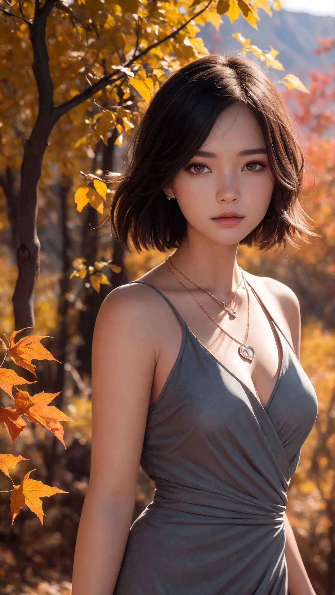 masterpiece,ultra realistic,32k,extremely detailed CG unity 8k wallpaper, best quality,
The Grand Canyon, United States, ( plum Wrap dress ) ,((autumn day )), Pixie cut with choppy layers ,eardrop,lady ,necklace,