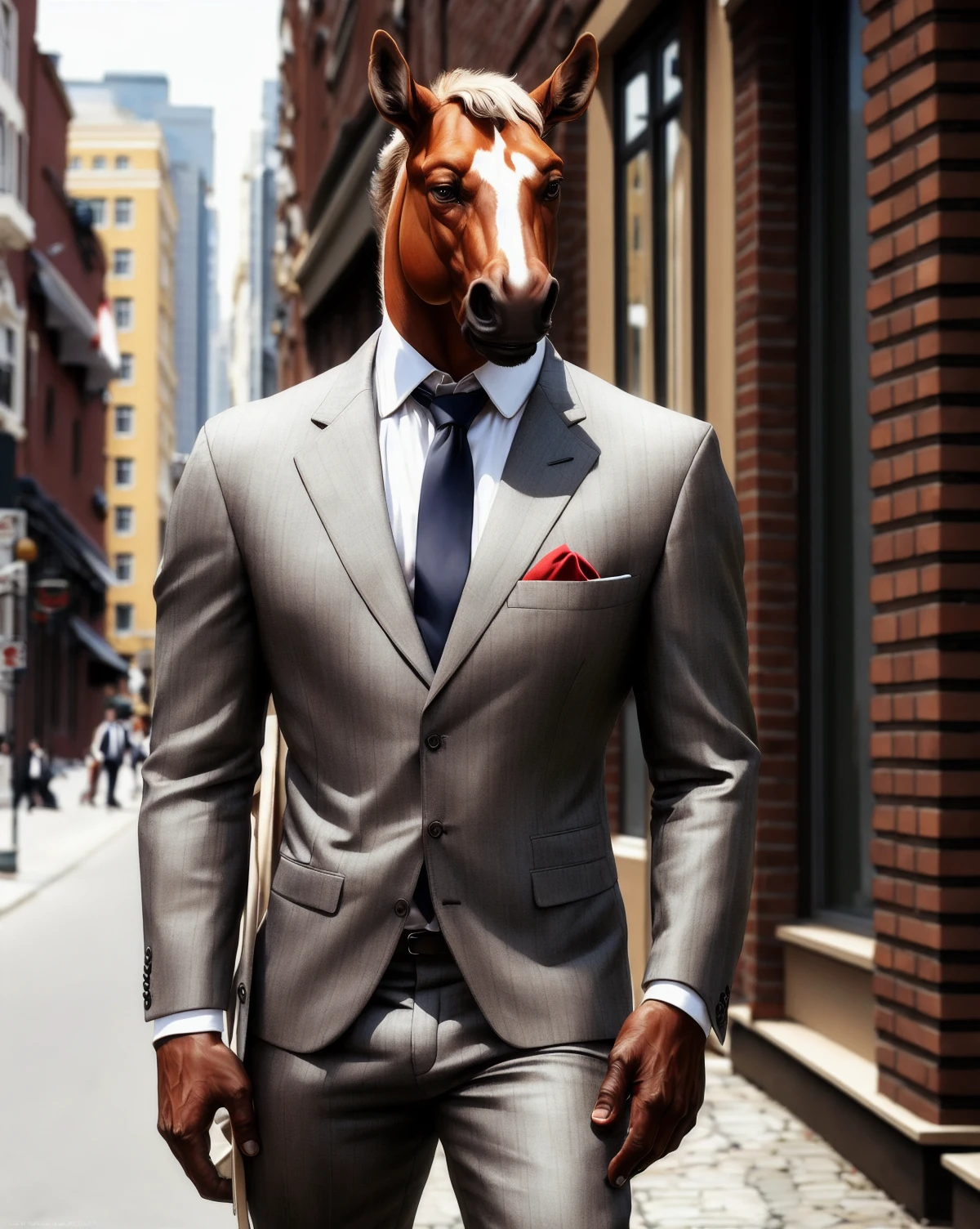 anthro horse, male, adult, muscular, suit, standing, (realistic fur, detailed fur texture:1.2), detailed background, street background, photorealistic, hyperrealistic, ultradetailed,