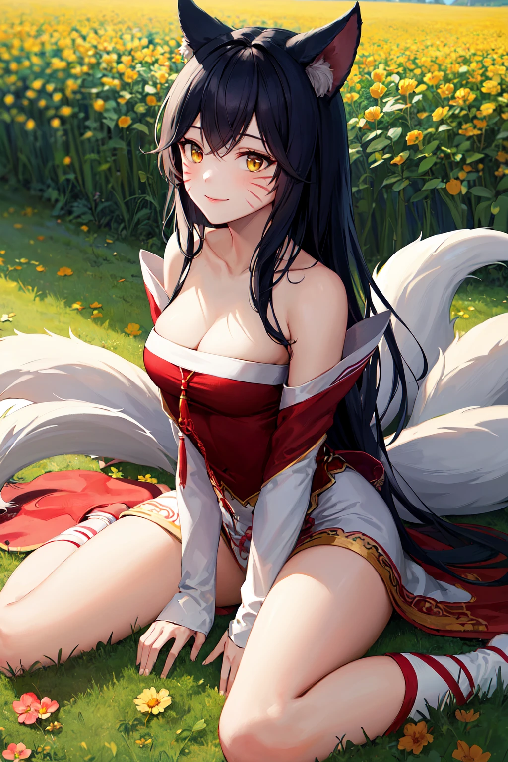 masterpiece, best quality, highres, ah1, facial mark, multiple tails, fox tails, korean clothes, cleavage, bare shoulders, detached sleeves, <lora:ahri_v10:0.7>, outdoors, field, wariza, smile,