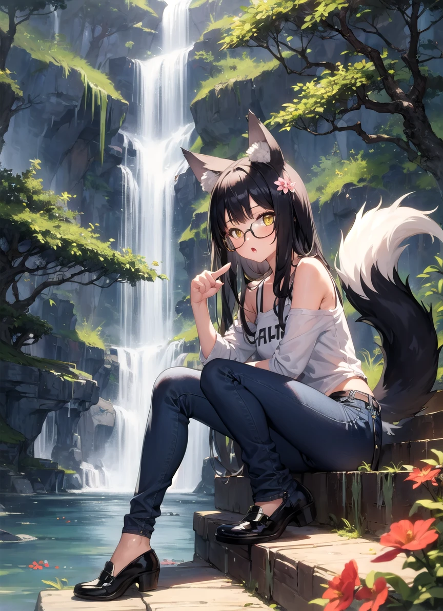 masterpiece, best quality, 1girl, black hair, yellow eyes, long hair, tree, stairs, sitting, looking at viewer, shoes, animal ears, tail, wolf, glasses, flower, waterfall, jeans, :o, pointing,