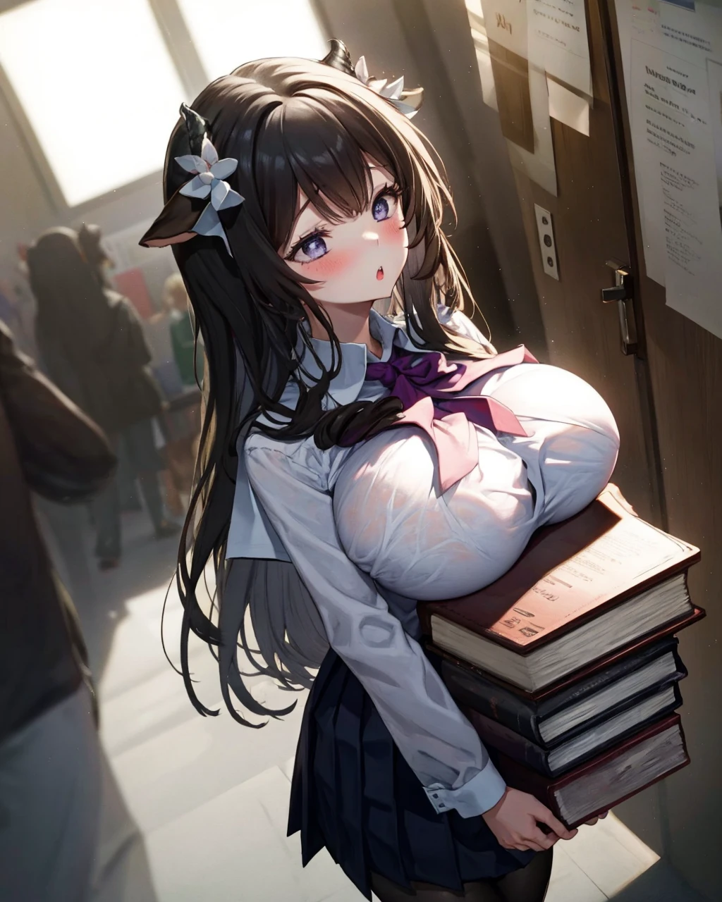 1girl,solo,huge breasts, carried breast rest, carrying, book stack,  <lora:CarriedBreastRestV1:1>,school uniform, black hair,kashino, <lora:KashinoV2:1>,parted lips,;o,blush,full body, standing,breast rest, indoors,