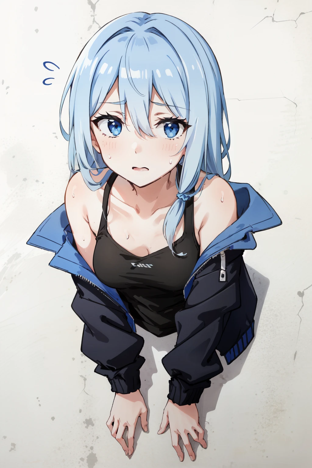 glory wall, hair between eyes, open clothes, collarbone,  flying sweatdrops, blue eyes, solo, open jacket,1girl, long sleeves, small breasts, looking at viewer, sweat, breasts, tank top, black tank top, long hair, blue jacket, white hair