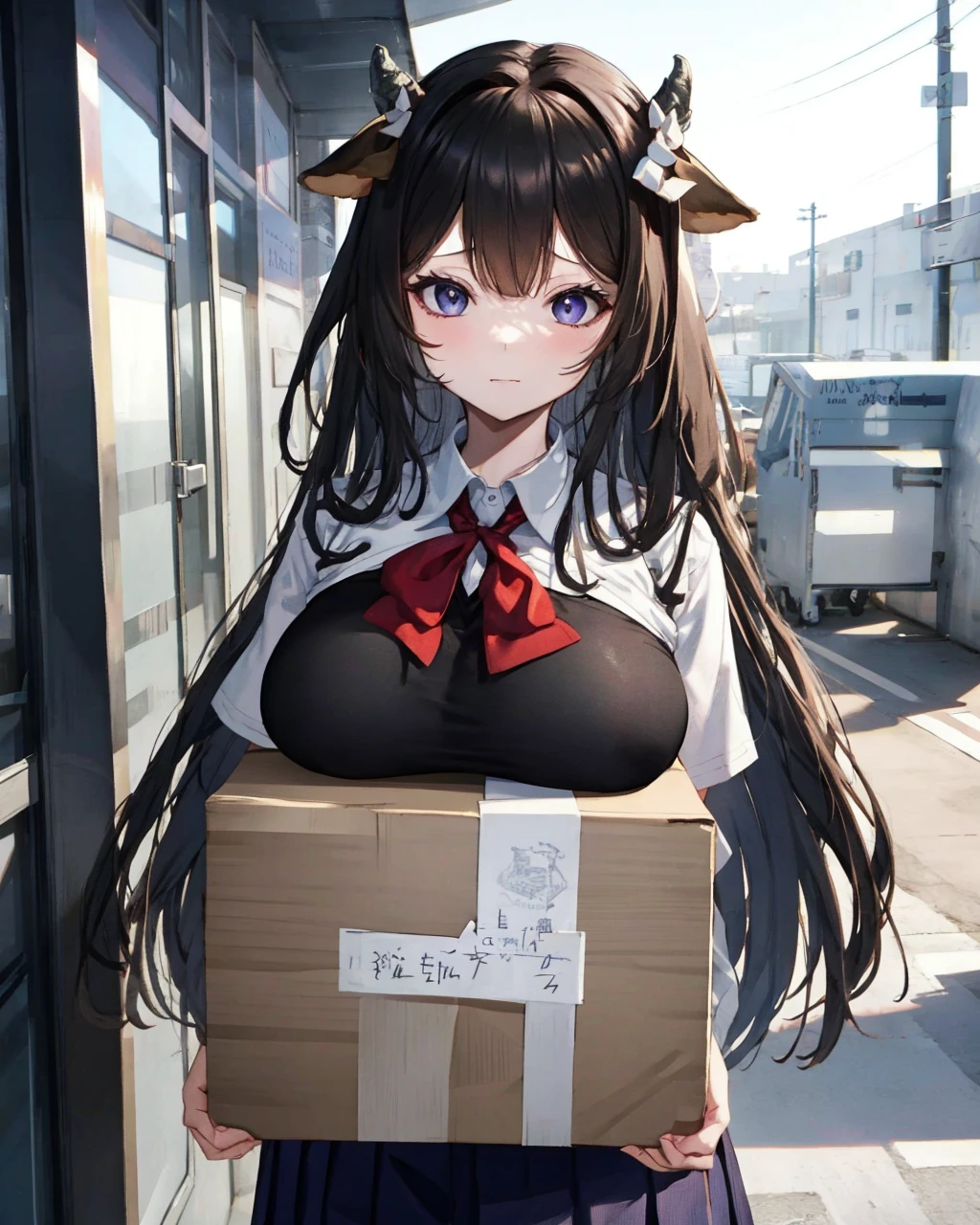 1girl,solo,large breasts, carried breast rest, carrying, cardboard box,  <lora:CarriedBreastRestV1:1>,school uniform, black hair,kashino, <lora:KashinoV2:1>