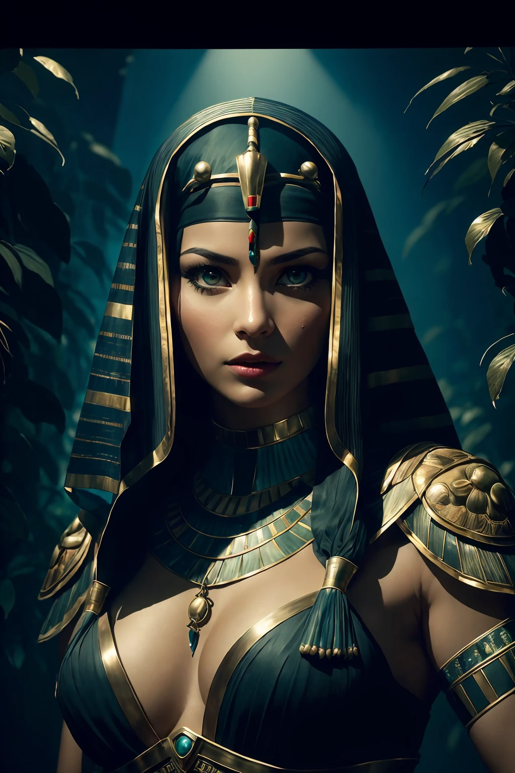 1 adult Egyptian woman, green eyes, black hair flaps, makeups , upper body, looking at viewer, detailed background, detailed face, OldEgyptAI, ancient egyptian theme, feral jungle warrior, obsidian, ((defensive stance)), stone knife, bushes, poisonous plants, rocks, humid climate, darkness, cinematic atmosphere,
dark chamber, dim light, (zentangle, mandala, tangle, entangle:0.5)
(35mmstyle:1.1), front, masterpiece, 1970s film, , cinematic lighting, (photorealistic:1.5), high frequency details, 35mm film, (film grain), film noise,
<lora:OldEgyptAI:0.4> <lora:epiNoiseoffset_v2:1>