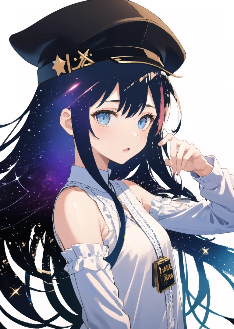 1girl, white background, upper body, long hair, floting hair, galaxy, cabbie hat <lora:hair_with_scenery:1>