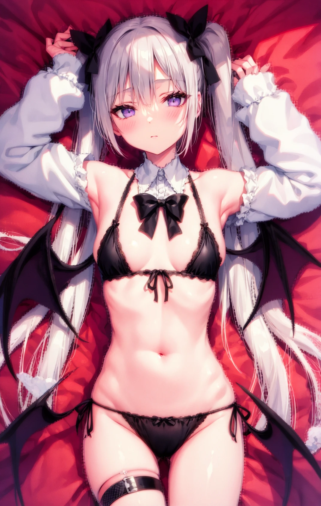 1girl, ass_visible_through_thighs, bandaged_arm, bandaged_hand, bandaged_leg, bandages, bandaid, bed, bed_sheet, black_bow, black_ribbon, blush, bow, breasts, closed_mouth, crop_top, demon_girl, demon_tail, demon_wings, frills, hair_ribbon, hands_up, heart, long_hair, long_sleeves, looking_at_viewer, lying, mini_wings, navel, on_back, panties, pillow, puffy_sleeves, purple_eyes, white_hair, ribbon, shirt, side-tie_bikini, side-tie_panties, sleeves_past_wrists, solo, stomach, string_panties, thigh_strap, twintails, two_side_up, underwear, very_long_hair, white_panties, white_ribbon, wings <lora:style_rurudo:1>