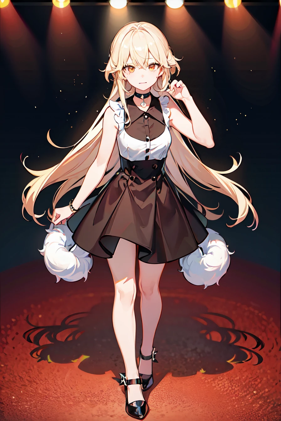 best quality, ultra high res, 1girl, sleeveless white button shirt, black skirt, black choker, cute, (Kpop idol), (aegyo sal:1), (platinum blonde hair:1), ((puffy eyes)), looking at viewer, full body, facing front