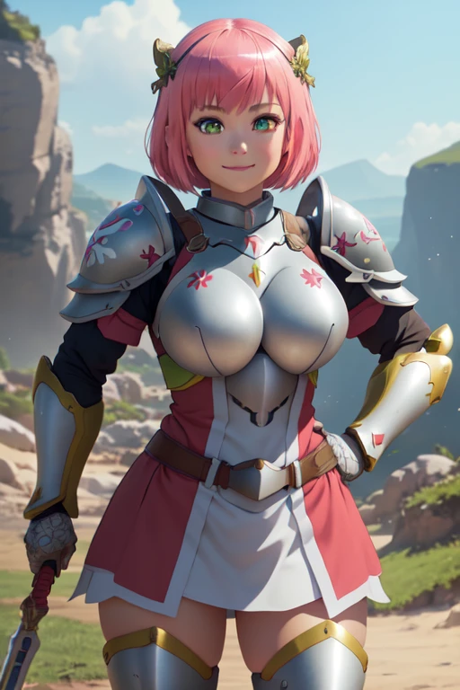 <lora:hanaV3:0.6>hana, 1girl, solo, looking at viewer, smile, short hair, simple background, thighhighs, green eyes, weapon, pink hair, armor, hand on hip, polearm, black background, shoulder armor, gauntlets (realistic:1.2), (realism), (masterpiece:1.2), (best quality), (ultra detailed), (8k, 4k, intricate),(full-body-shot:1), (85mm),light particles, lighting, (highly detailed:1.2),(detailed face:1.2), (gradients), sfw, colorful,(detailed eyes:1.2)(detailed background),detailed landscape, (dynamic angle:1.2), (dynamic pose:1.2), (rule of third_composition:1.3), (Line of action:1.2)