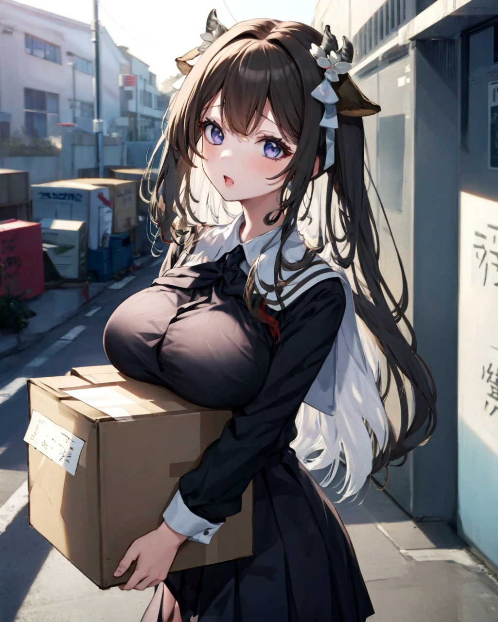 1girl,solo,large breasts, carried breast rest, carrying, cardboard box,  <lora:CarriedBreastRestV1:1>,school uniform, black hair,kashino, <lora:KashinoV2:1>