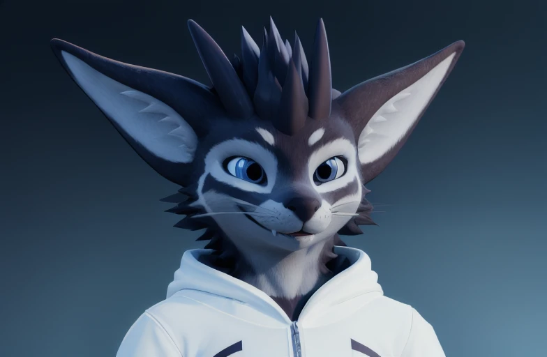 (((rexouium next to a nardo close up face, portrait, 3/4 view, three-quarter view, smiling, white hoodie techwear, black horn))), white glowing eyes, contrasted, fluffy hairs, (white glowing feathers and ears, black eyes, hoodie, focus, blurry forest background, sunny, nature), unreal engine 5 quality render, a 3D render, ultra realistic furs, realistic lighs, ultra detailed, <lora:gachaSplashLORA_gachaSplash31:1>  <lora:vrcfurry_v1-000004:0.7>  eonn