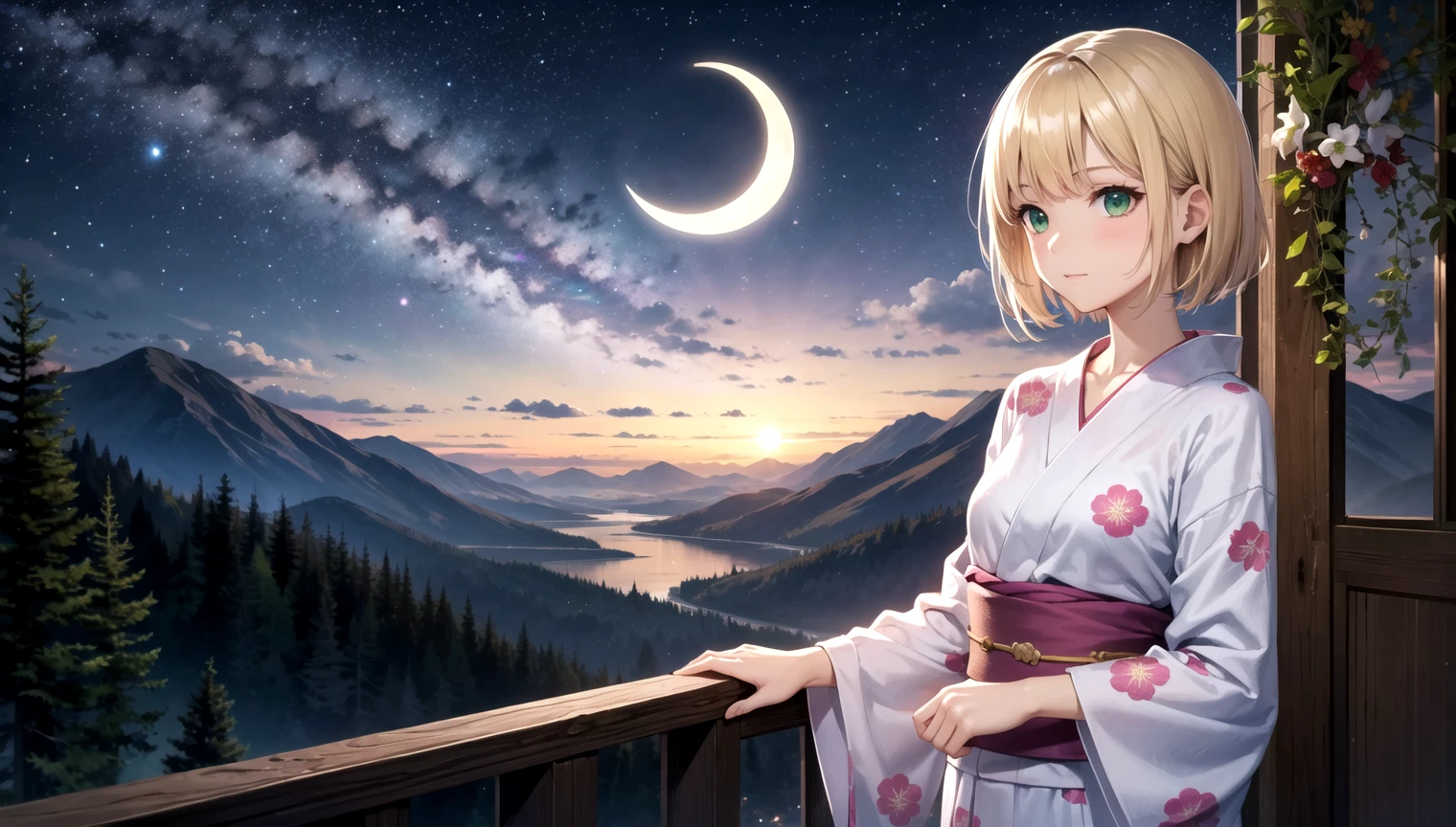 Woman, (mature woman:1.2) , balcony, cloud, cloudy_sky, constellation, constellation_print, crescent_moon, galaxy, gradient_sky, horizon, house, island, landscape, light, lights, milky_way, moonlight, mountain, mountainous_horizon, night, night_sky, nightgown, outdoors, pine_tree, solo, star_\(sky\), starry_background, tree, twilight, yukata, blonde hair, green eyes, short hair, perfect eyes
