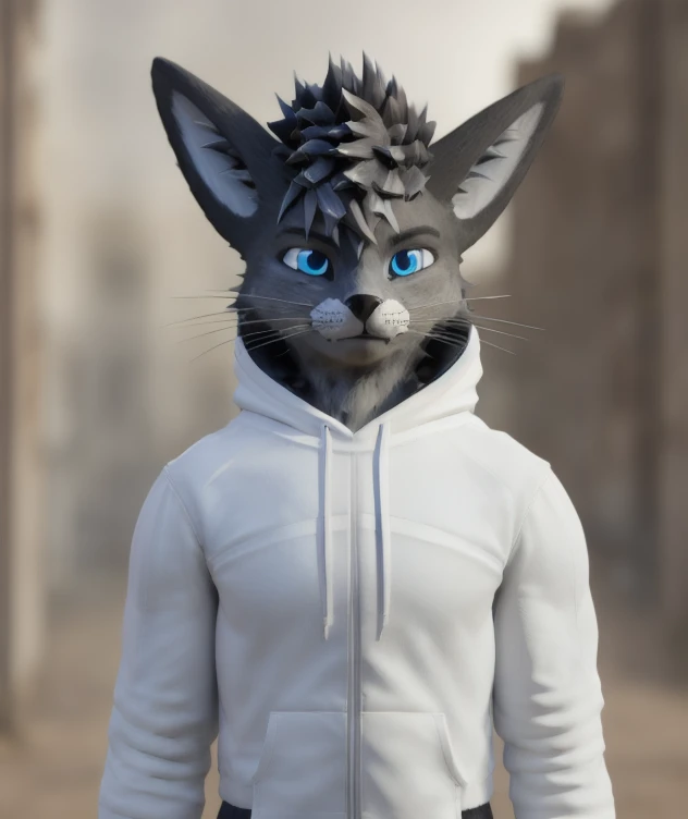 (((rexouium close up portrait, hoodie, muscular, spiky hairs, cute))), blue glowing eyes, white and gray hairs and furs, (black patterns on the furs and ears, focus, very blurry background, dust), unreal engine 5 quality render, a 3D render, realistic lighs, <lora:gachaSplashLORA_gachaSplash31:1> <lora:vrcfurry_v1-000004:0.7>  <lora:bulkedupAI_bulkedupAIR1:0.1>