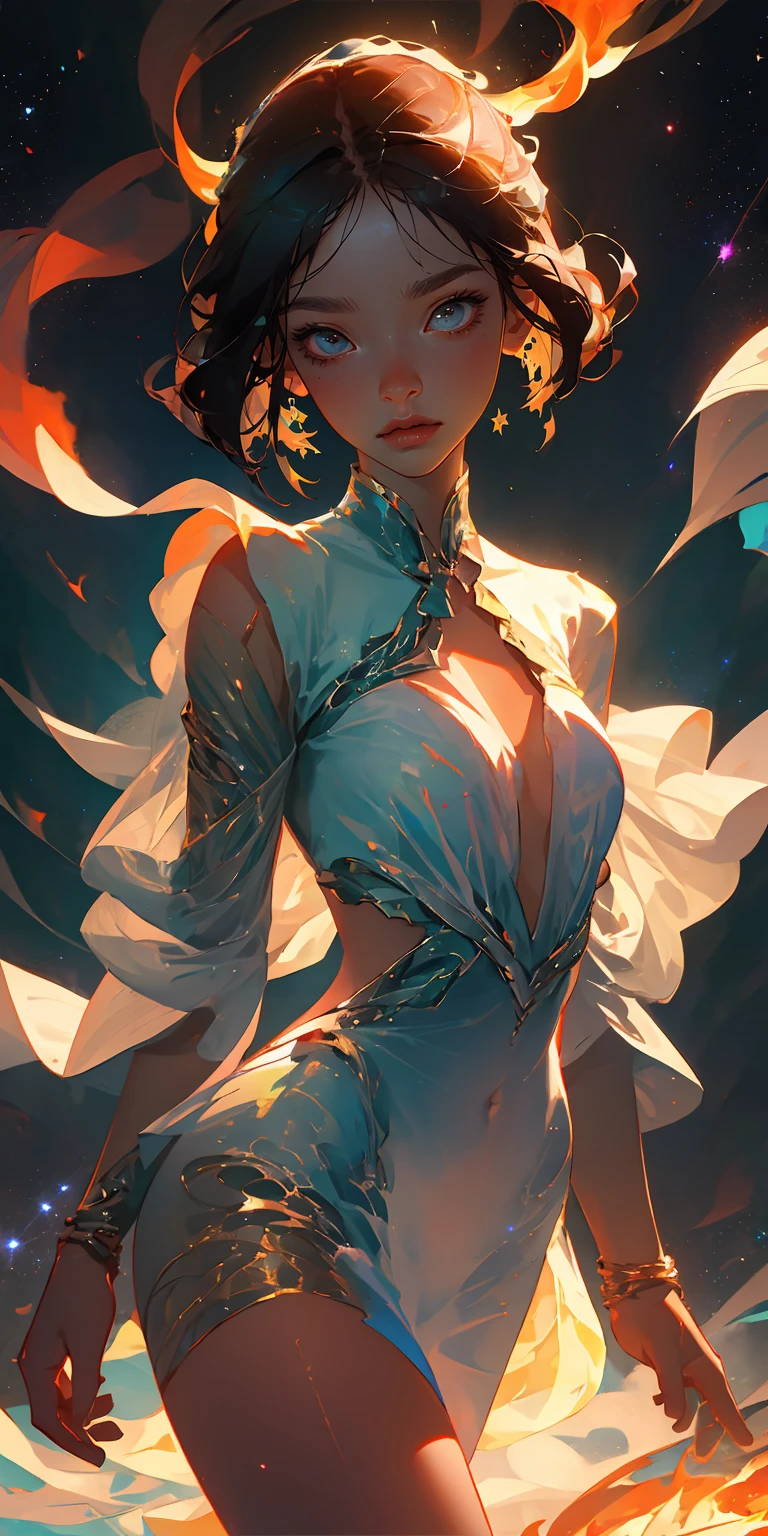 (best quality, masterpiece), 1girl, flame, galaxy, smoke,