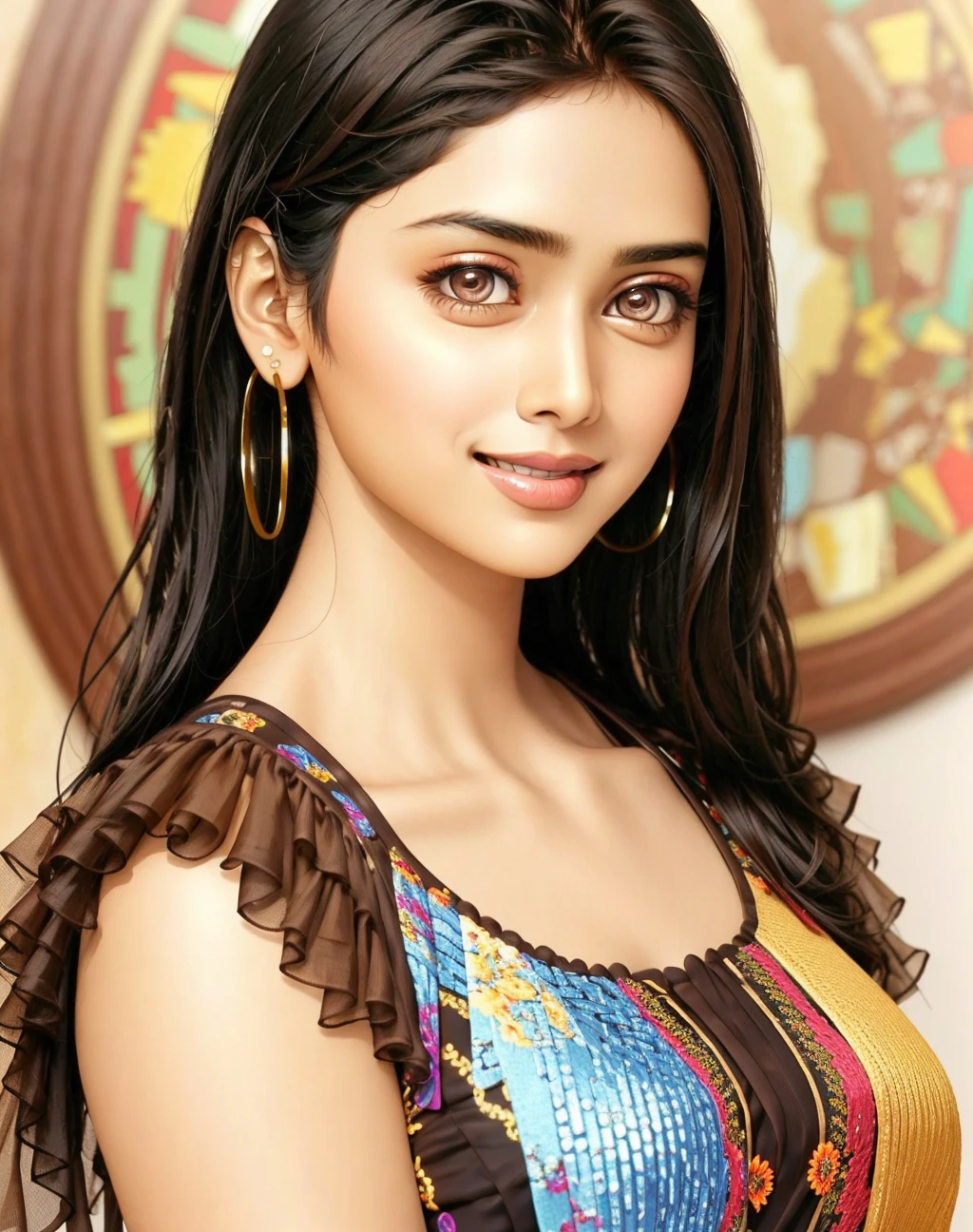 Masterpiece, absurdres,HDR, wallpaper quality ,highly detailed eyes and face,smiling, beautiful ind_woman, (brown skin:1.3), a woman with long black hair and a colorful dress , perfect ind_face, perfect ind_body, <lora:ind:1>