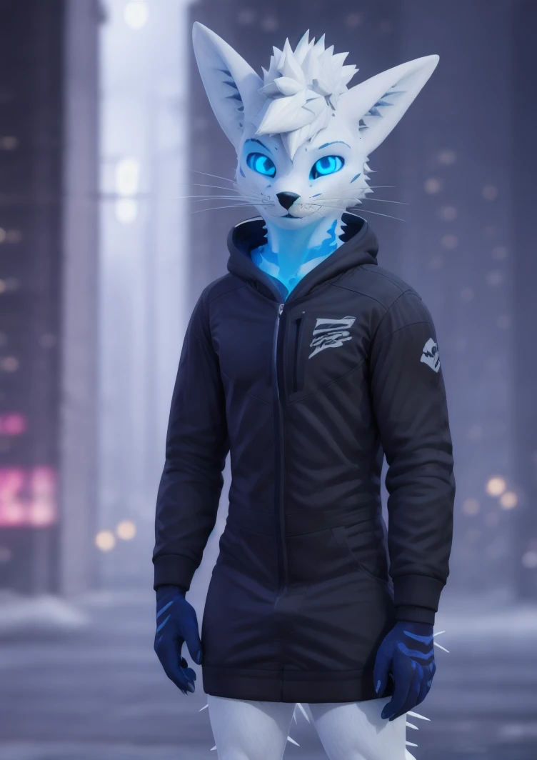 rexouium male cyberpunk close up face, hoodie, blue glowing eyes, (white furs and ears), (((spiky hairs, strong rim light, city blurry background, cute))), ESAO, unreal engine 5 quality render, a 3D render, ultra realistic furs, realistic lighs, ultra detailed,     <lora:rexouium_v1:0.7>  <lora:gachaSplashLORA_gachaSplash31:1>  eonn  (purukogi_anime:0.5)