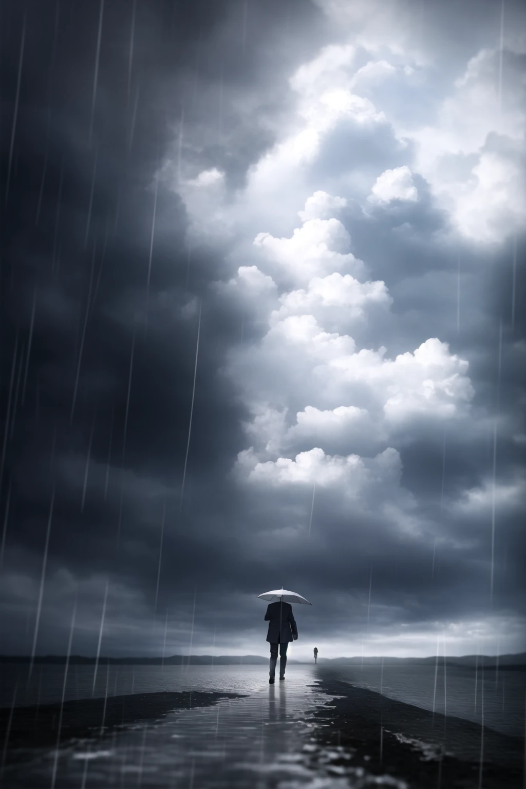 ultra detailed 8k cg, a man walking down an isle, storm, rain