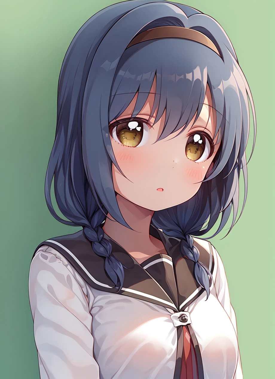 masterpiece, best quality, ultra-detailed, illustration, 1girl, solo, <lora:furutani_himawari-v14:0.8>, furutani_himawari, blue hair, brown eyes, hairband, medium hair, low twin braids, hair intakes, nanamori school uniform, upper body, takehero