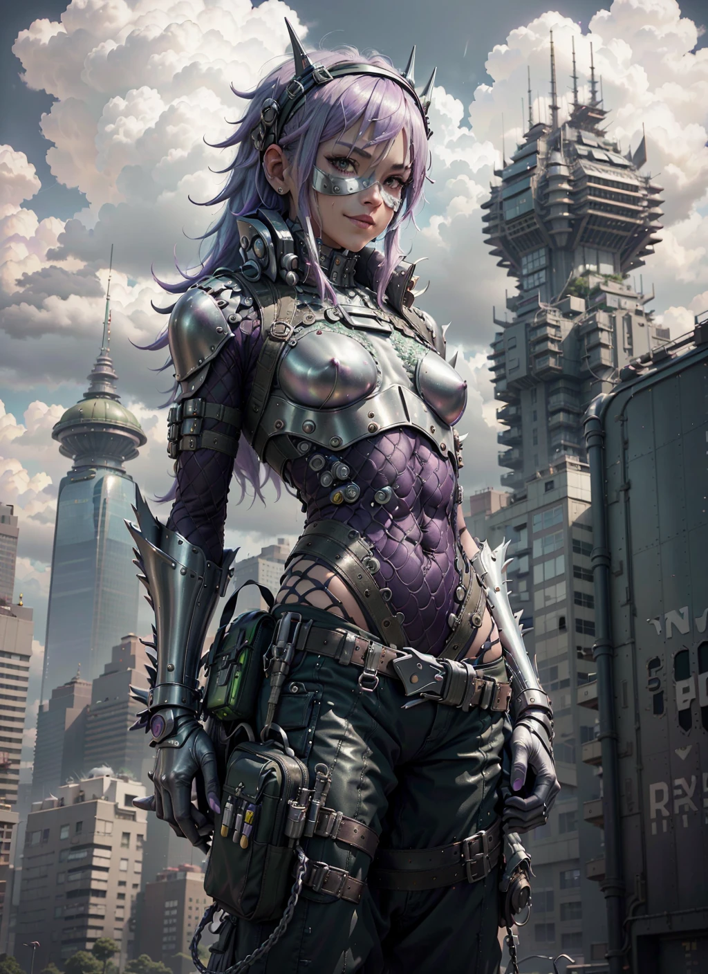 8k, masterpiece, realistic, 1 android man, (wearing a silver metallic headband), (wearing silver futuristic utility shirt shirt with baggy silvery cargo pants, tech-punk-mask and lime-green chest holster over a fishnet shirt), wrist armor, silver tabi shoes, long shiny vivid blue hair down to the waist, smiling eyes, masculine body frame, standing in the wet alien city with a highly detailed purple sky with super tall structures in the horizon, sunny and rich in color, purple ambient light, HDR, iso 1000 <lora:techpunkMaskWearable_v05:0.3> <lora:DragonScaleAIV3:0.9>