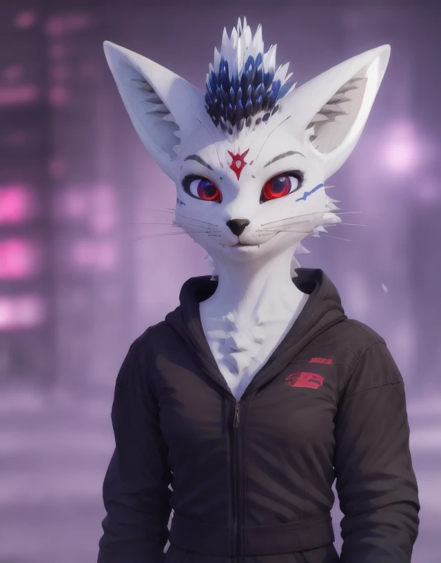 rexouium female cyberpunk close up face, holding a red katana, hoodie, red glowing eyes, (white furs and ears), (((feather hairs, strong rim light, city blurry background, cute))), ESAO, unreal engine 5 quality render, a 3D render, ultra realistic furs, realistic lighs, ultra detailed, <lora:rexouium_v1:0.7> <lora:gachaSplashLORA_gachaSplash31:1> eonn (purukogi_anime:0.5)