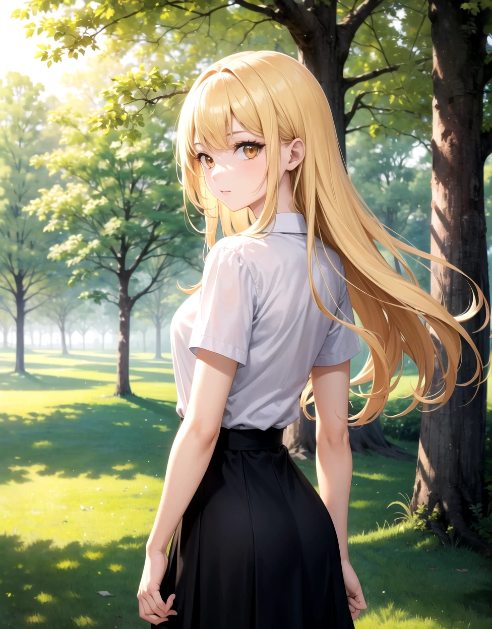 1girl, blonde hair, long hair, orange eyes, standing, white shirt, black skirt, park, trees, nature, beautiful backround, looking at viewer, perfect eyes