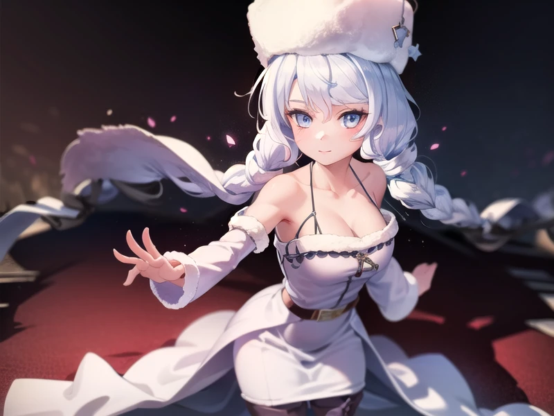 (hyper extreme detailed),(masterpeace),(hyper extreme),(photorealistic),CG,(colour:1.1), beautiful lighting,light from the front,solo,1girl,white background, <lora:avrora:0.9>,avrora,white hair,bluy eyes,Cossack hat,sleeve,white dress,black pantyhose,belt,(long boots:1.5),
