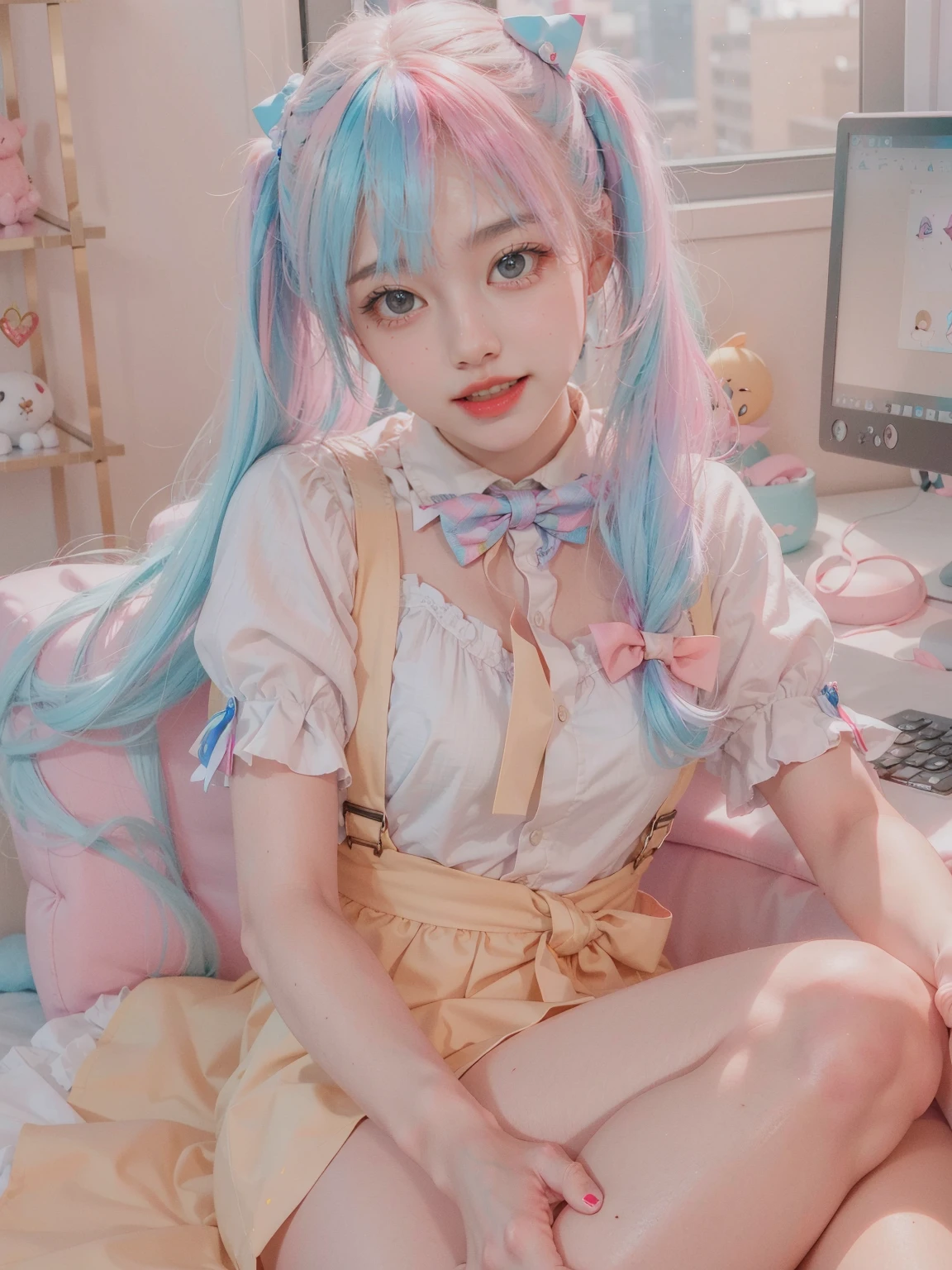 , 1girl, twintails, multicolored hair, hair over one eye, x hair ornament, hair ornament, blue eyes, blue hair, smile, bow, pink hair, blonde hair, solo, looking at viewer, yellow bow, indoors, heart, makeup, skirt, selfie, phone, dress, teeth, hairclip, monitor, reaching towards viewer, long hair, bangs, short sleeves, pink nails, bowtie, suspenders, yellow bowtie, hair tie, open mouth, computer, stuffed toy, sitting, shirt, livestream, belt, quad tails, pill, v,sparkle,violet lighting,,the most beautiful form of chaos, elegant, a brutalist designed, vivid colours, romanticism, atmospheric, (RAW photo, best quality), (realistic, photo-realistic:1.3), masterpiece, an extremely delicate and beautiful, extremely detailed,, (floating colorful {wind|water magic|ink|crystals|fire|ice|flame|lightning|web|rocks|sand|particles|sparkles|blood}:1),