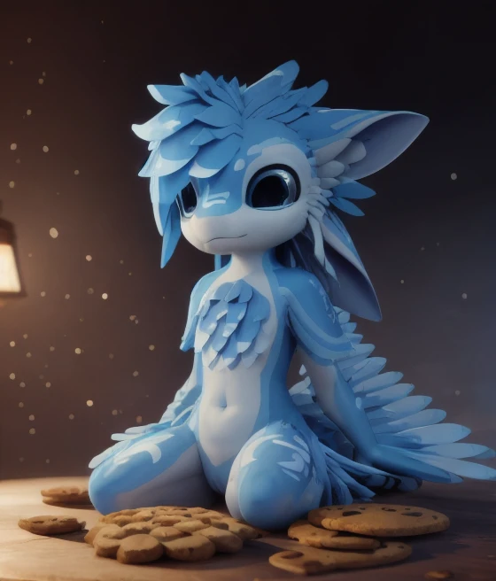 avali, davali, close up with feathers hairs and blue and red patterns sitting at a table with a cookie in front of him, cute, ESAO, unreal engine 5 quality render, a 3D render, furry art, ultra realistic furs, realistic lighs, ultra detailed, <lora:avali_v1:0.7> <lora:gachaSplashLORA_gachaSplash31:1> eonn