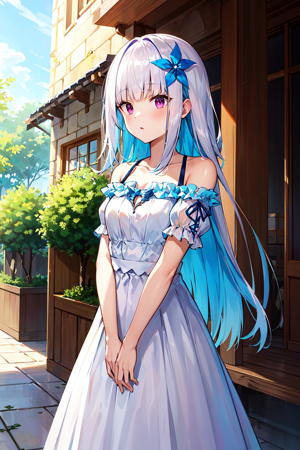 masterpiece, best quality, highres, lh1, hair flower, long hair, white dress, bare shoulders, collarbone, short sleeves, <lora:lize_helesta_v10:0.7>, cowboy shot, standing, outdoors,