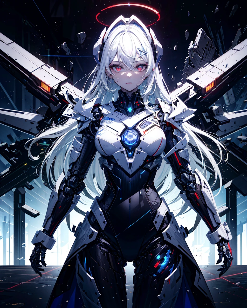 masterpiece,best quality,ultra-detailed,very detailed illustrations,extremely detailed,intricate details,highres,super complex details,extremely detailed 8k cg wallpaper,cowboy shot, caustics,reflection,ray tracing,demontheme,nebula,dark aura,cyber effect, (1girl:1.4),solo,alone,mecha musume,mechanical parts, robot joints,single mechanical arm, headgear, mechanical halo,star halo,intricate mechanical bodysuit, mecha corset, kimono, full armor, very long hair,white hair, hair between eyes, multicolored hair, colored inner hair, red eyes,glowing eye,eye trail, random expressions,random action, ancient japanese architecture,pond, starry sky,skyline,  <lora:A-Mecha-REN[color_theme,mecha musume, mechanical parts, robot joints,headgear,full armor]:1>