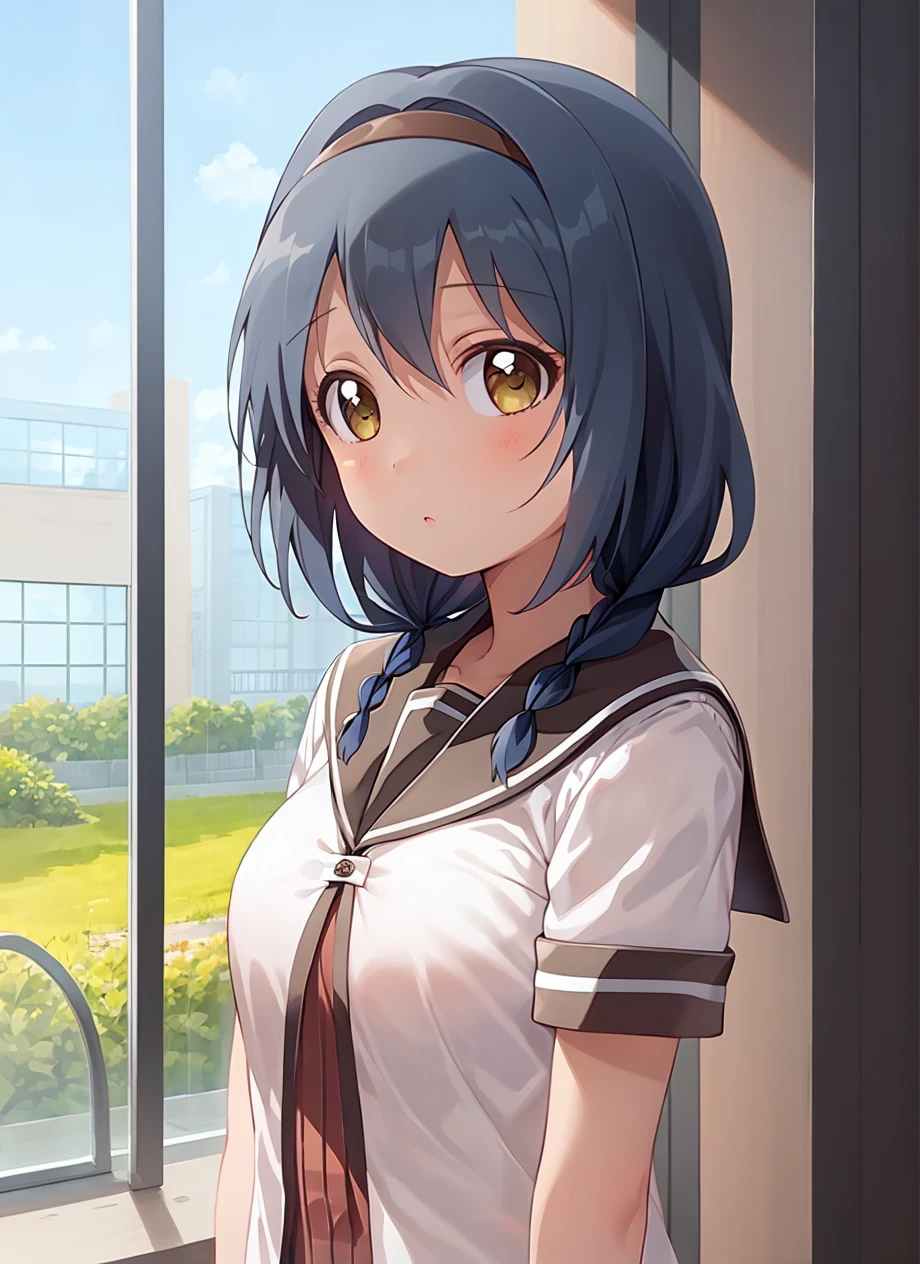 masterpiece, best quality, ultra-detailed, illustration, 1girl, solo, <lora:furutani_himawari-v14:0.8>, furutani_himawari, blue hair, brown eyes, hairband, medium hair, low twin braids, hair intakes, nanamori school uniform, upper body