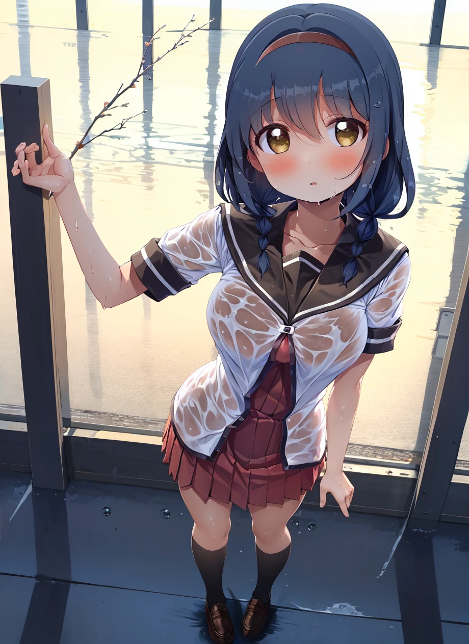masterpiece, best quality, ultra-detailed, illustration, 1girl, solo, <lora:furutani_himawari-v14:0.9>, furutani_himawari, 1girl, black footwear, black socks, blue hair, blush, breasts, brown eyes, brown hairband, collarbone, hairband, kneehighs, large breasts, loafers, looking at viewer, nanamori school uniform, one eye closed, parted lips, sailor collar, school uniform, see-through, serafuku, shiny, shoes, short sleeves, skirt, socks, solo, standing, water, wet, wet clothes, wringing clothes, takahero, low twin braids, medium hair