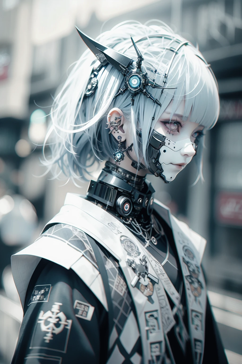 futobot,goth_punk, 1girl, solo, medium shot, walking in harajuku, ((night time)), bokeh, neon light, iridescent eyes, starry sky, white shimmer hair, white eyebrow, glowing hair, (iridescent white hair), earrings, bangs, jewelry, mask, blunt bangs, green eyes, mouth mask, blurry background, blurry, hair ornament, looking at viewer, short hair, portrait, sidelocks <lora:Gothpunk:1> <lora:Futuristicbot4:0.65>