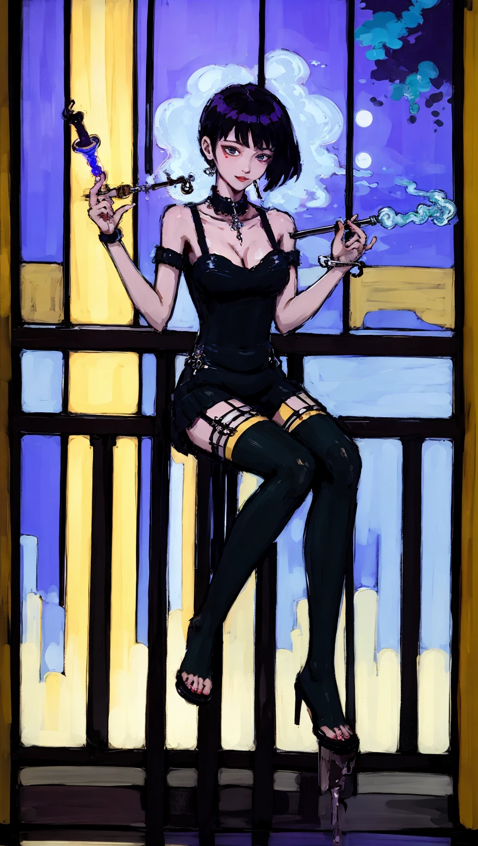 full body shot, feet exposed, (Hookah:1.2),holding smoking pipe, smoke,flask,girl,a long flexible rubber tube with a smoking pipe,waterpipe smoking,shisha,lethargy,staring into the distance,stained glass,zettai ryouiki, night,