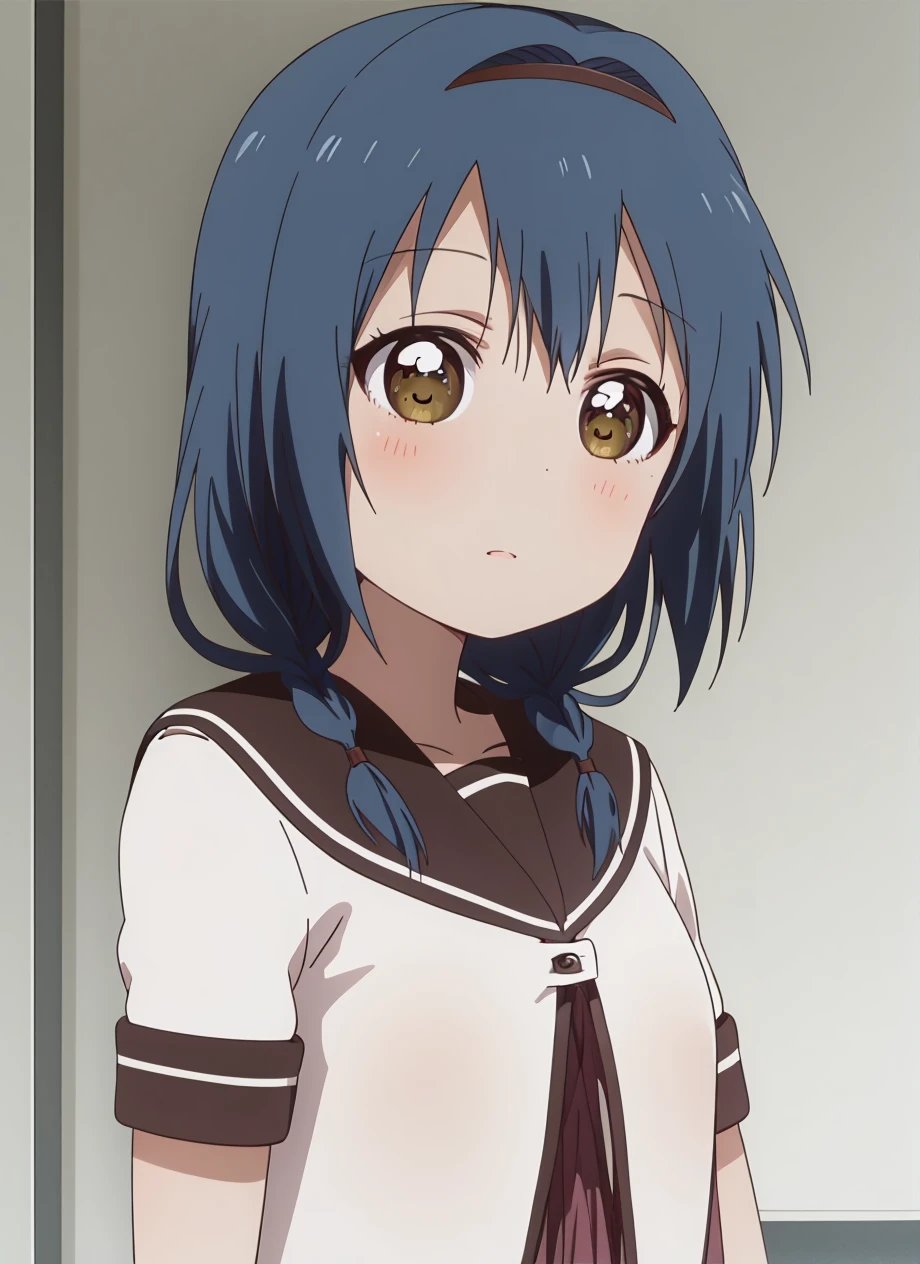 masterpiece, best quality, ultra-detailed, illustration, 1girl, solo, <lora:furutani_himawari-v14:0.9>, furutani_himawari, blue hair, brown eyes, hairband, medium hair, low twin braids, hair intakes, nanamori school uniform, upper body, yuru yuri