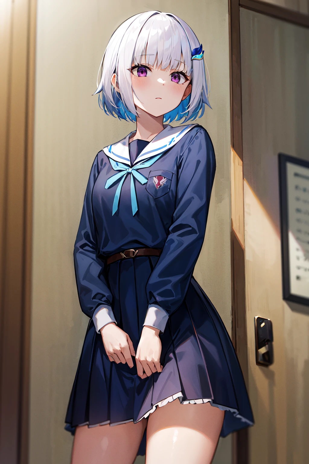 masterpiece, best quality, highres, lh1, hair_ornament, short hair, serafuku, blue shirt, sailor collar, long sleeves, blue ribbon, school uniform, <lora:lize_helesta_v10:0.7>, cowboy shot, standing,