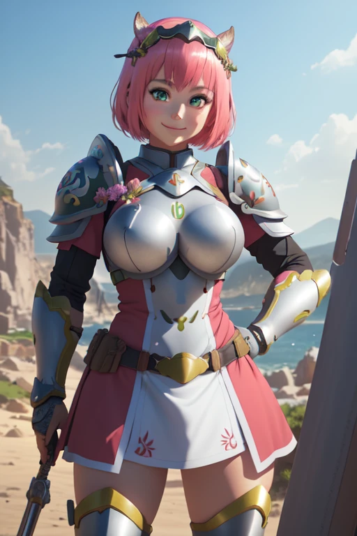 <lora:hanaV3:0.6>hana, 1girl, solo, looking at viewer, smile, short hair, simple background, thighhighs, green eyes, weapon, pink hair, armor, hand on hip, polearm, black background, shoulder armor, gauntlets (realistic:1.2), (realism), (masterpiece:1.2), (best quality), (ultra detailed), (8k, 4k, intricate),(full-body-shot:1), (85mm),light particles, lighting, (highly detailed:1.2),(detailed face:1.2), (gradients), sfw, colorful,(detailed eyes:1.2)(detailed background),detailed landscape, (dynamic angle:1.2), (dynamic pose:1.2), (rule of third_composition:1.3), (Line of action:1.2)