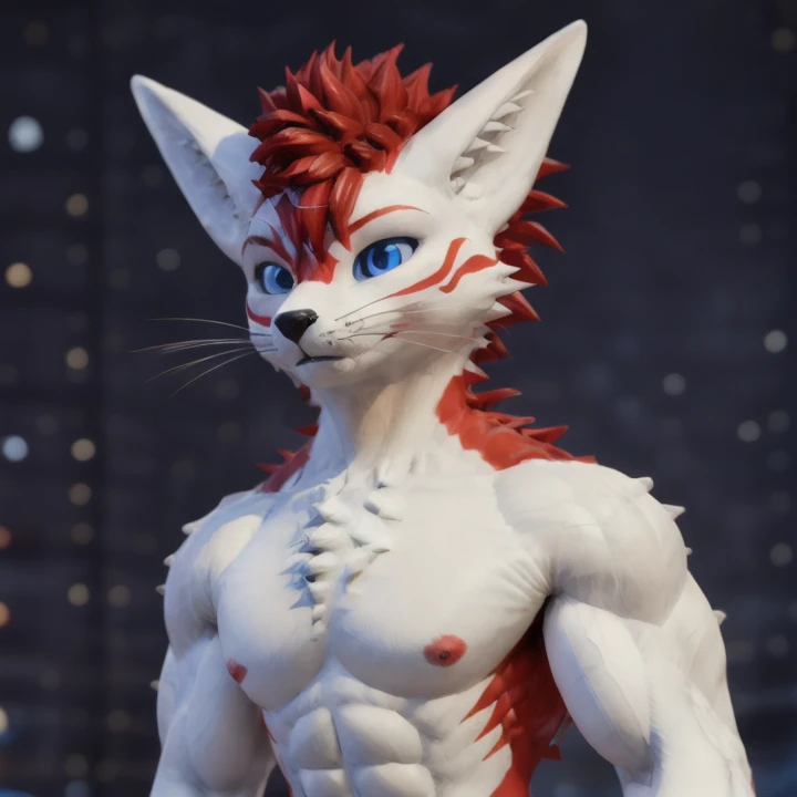 rexouium male ((((close up face portrait)))), blue eyes, ((red)) glowing emission patterns on the furs, (white furs with red patterns), (((spiky wavy hairs, strong rim light, city blurry background))), ESAO, unreal engine 5 quality render, a 3D render, ultra realistic furs, realistic lighs, ultra detailed, <lora:gachaSplashLORA_gachaSplash31:1>  purukogi_anime  <lora:rexouium_v1:0.7>  <lora:bulkedupAI_bulkedupAIR1:0.5>