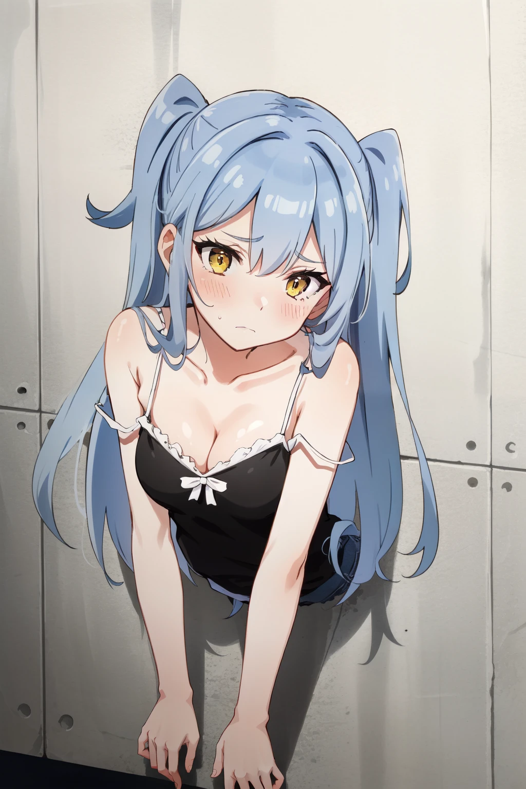 glory wall, stuck, camisole, solo, bare shoulder, yellow eyes, 1girl, grey hair,  blush, medium breasts, cleavage, long hair,  two side up, through wall