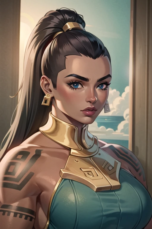 beautiful, ((masterpiece:1.2)), ((best quality:1.2)), extremely detailed face, perfect eyes, perfect face, perfect lighting, 1girl, solo focus, lips, illaoi, muscular female, ponytail, dark skinned female, brown hair, blue eyes, tattoos, <lora:CubzeV1Anything:0.85> , <lora:illaoiLeagueOf_v10:0.7>