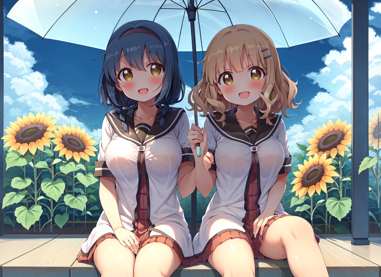 masterpiece, best quality, ultra-detailed, illustration, <lora:furutani_himawari-v14:0.9>, furutani_himawari, 2girls, :d, barefoot, blonde hair, blue hair, blush, breasts, brown eyes, cloud, collarbone, day, dress, flower, hair ornament, hairband, hairclip, holding, holding umbrella, large breasts, looking at viewer, multiple girls, nanamori school uniform, oomuro_sakurako, open mouth, sailor dress, school uniform, serafuku, shared umbrella, sitting, sky, smile, sunflower, umbrella, water drop, takahero, low twin braids, medium hair