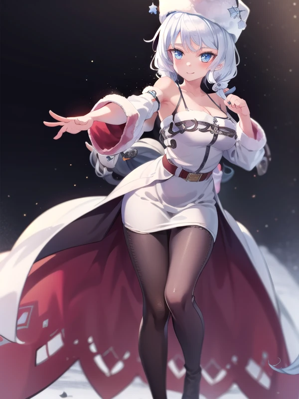 (hyper extreme detailed),(masterpeace),(hyper extreme),(photorealistic),CG,(colour:1.1), beautiful lighting,light from the front,solo,1girl,white background, <lora:avrora:0.9>,avrora,white hair,bluy eyes,Cossack hat,sleeve,white dress,black pantyhose,belt,long boots,