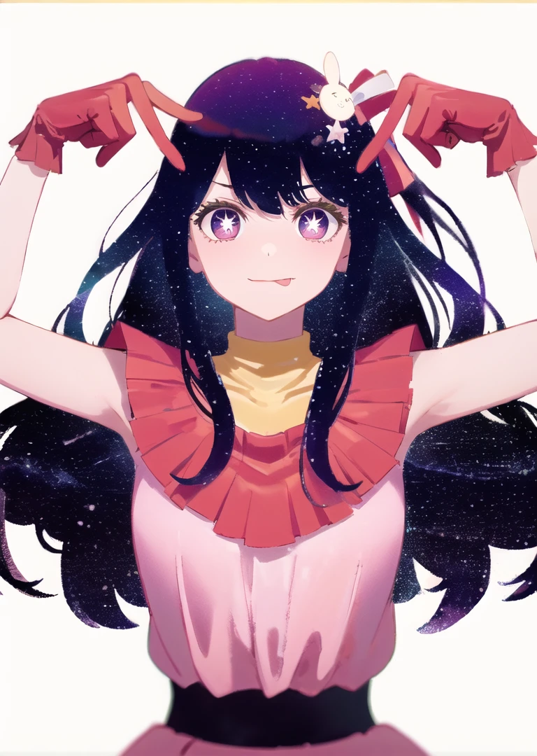1girl, (white background:1.8), upper body, long hair, floting hair, starry sky, HshinoAi,(red gloves:1.3), tongue out, tongue, star \(symbol\), looking at viewer, (purple hair:1.2), purple eyes, upper body, hair ornament, :p, frills, pink shirt, smile, sleeveless, shirt, idol, symbol-shaped pupils, hands up, bangs, one side up, star-shaped pupils, arms up, dress pull, Roaring Twenties, isometric, flower <lora:HoshinoAi_v9-000007:1> <lora:hair_with_scenery:1>