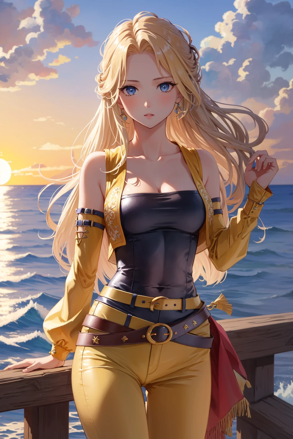 masterpiece, best quality, celes chere, yellow vest, detached sleeves, blue shirt, belt, yellow pants, cowboy shot, looking at viewer, sunset, ocean <lora:celes-nvwls-v2-000012:0.9>