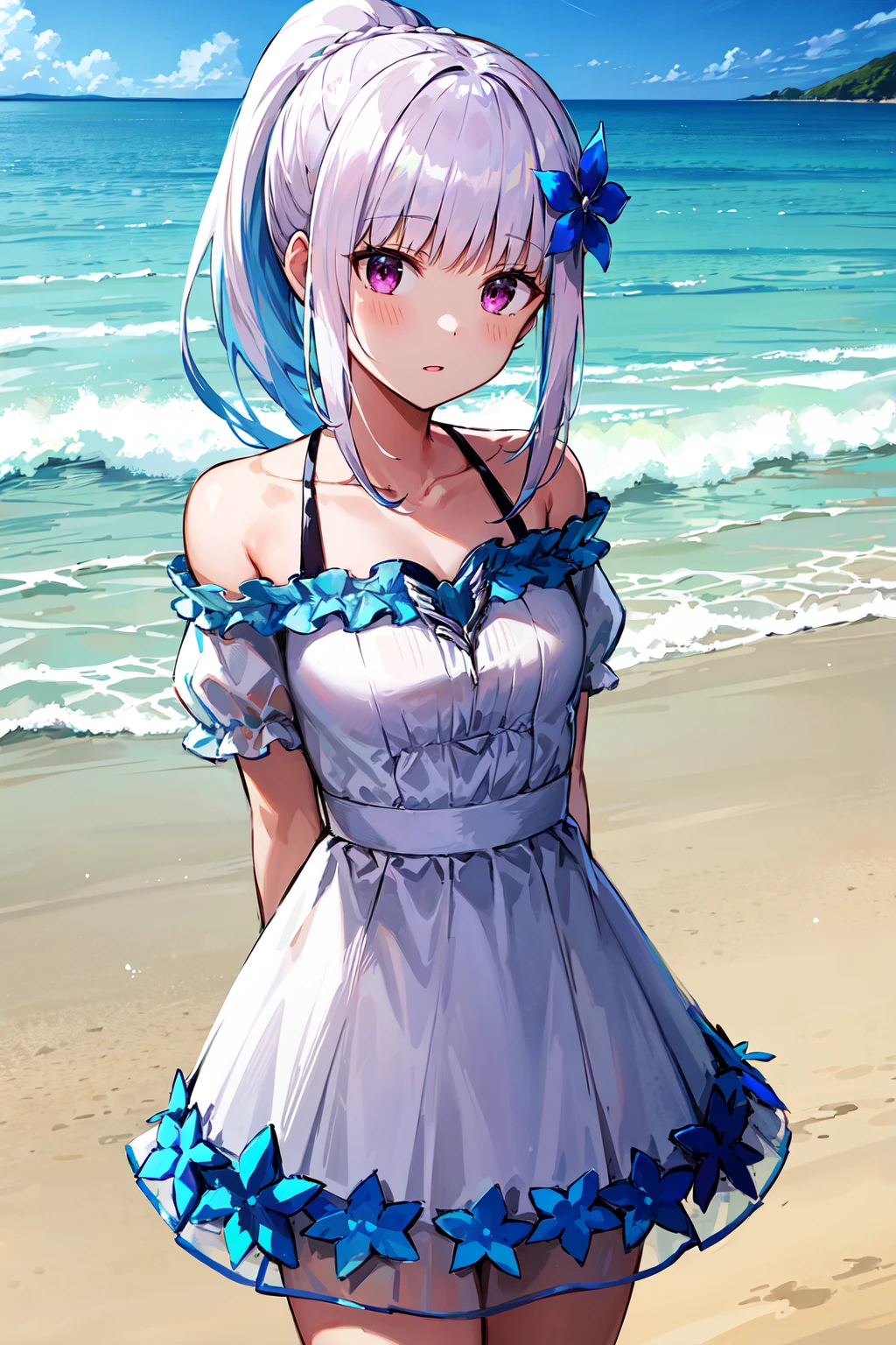 masterpiece, best quality, highres, lh1, hair flower, ponytail, white dress, bare shoulders, collarbone, short sleeves, <lora:lize_helesta_v10:0.7>, beach, cowboy shot, arm behind back,