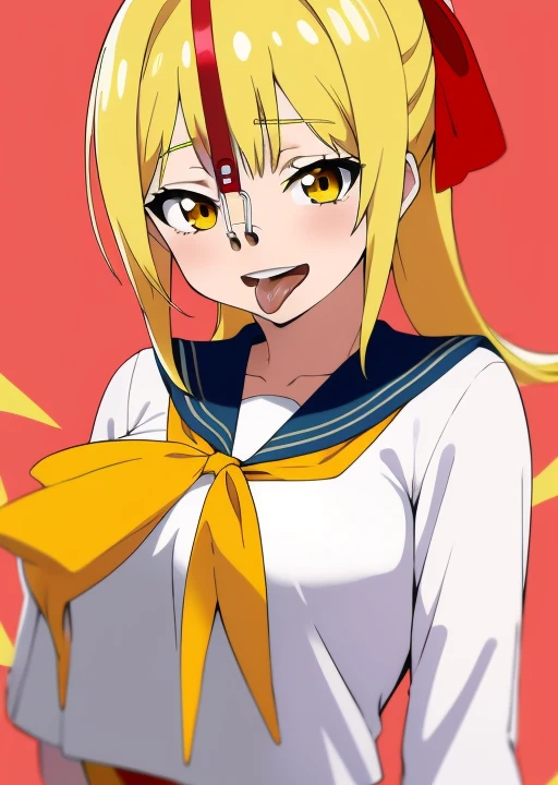 (best quality, Ultradetailed:1), girl, anime,upper body,bloom, smile, <lora:NOSEHOOKanotherv1:0.8>yellow hair,upper teeth,tongue,sailor suit,chest red ribbon,