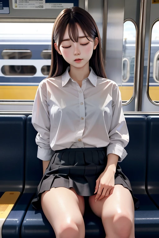 best quality, ultra high res,prefect anatomy,20yo kdoll,
1girl,accidental exposure panties, short skirt,train,sleeping,closed eyes,sitting, 
 <lora:exposepanty:0.8>