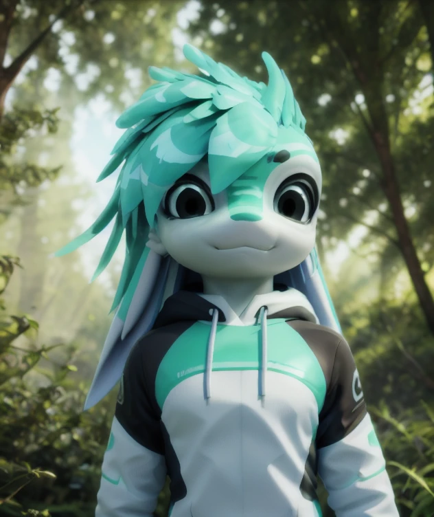 avali, davali, (((close up face, portrait, smiling))), white glowing patterns, green glowing hairs, (white glowing feathers and ears, black eyes, cute, hoodie, focus, blurry forest background, dust, nature), unreal engine 5 quality render, a 3D render, ultra realistic furs, realistic lighs, ultra detailed, <lora:gachaSplashLORA_gachaSplash31:1>  <lora:avali_v1:0.8>  eonn