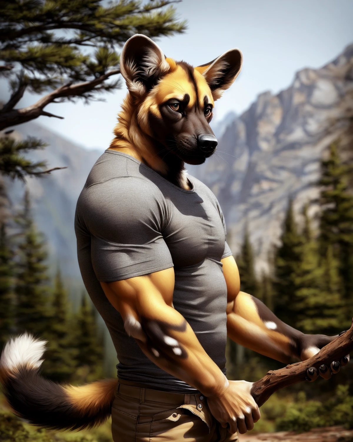 anthro african wild dog, male, adult, muscular, pants, shirt, (realistic fur, detailed fur texture:1.2), detailed background, wilderness background, photorealistic, hyperrealistic, ultradetailed,